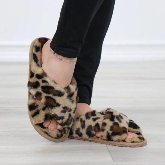 Leopard  Fuzzy Furry Criss Cross Sandal Sliders - Picture 7 of 14